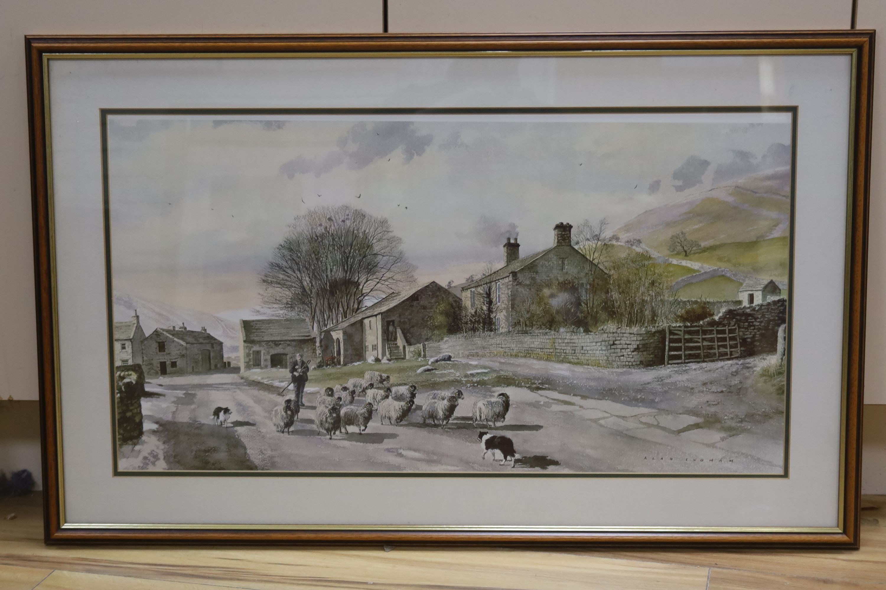 Alan Ingham, colour print, Shepherd and flock on a lane, 40 x 74cm